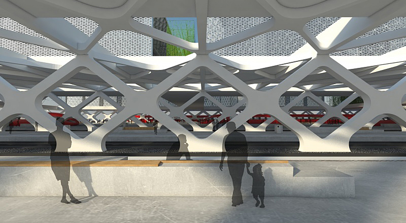 Nyugati pályaudvar, a csarnoképület bővítése – a teherhordó látszóbeton-szerkezet<br>(forrás: www.epiteszforum.hu)