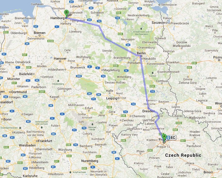 Ezen a vonalon járnak majd a távolsági járatok a DB és a Regiojet gondozásában 2014-től<br>(térkép: google)