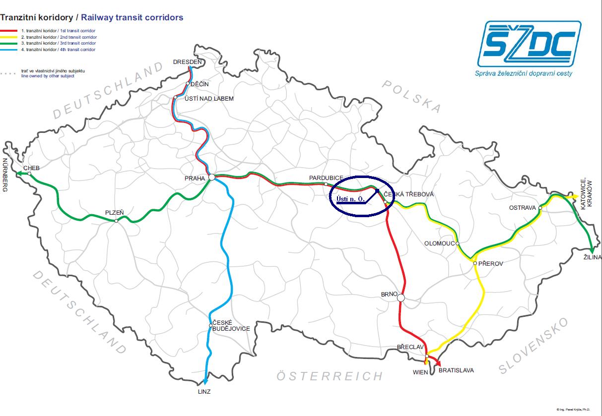 A csehországi vasúti korridorok és Ústí nad Orlicí a térképen<br>(forrás: SŽDC)