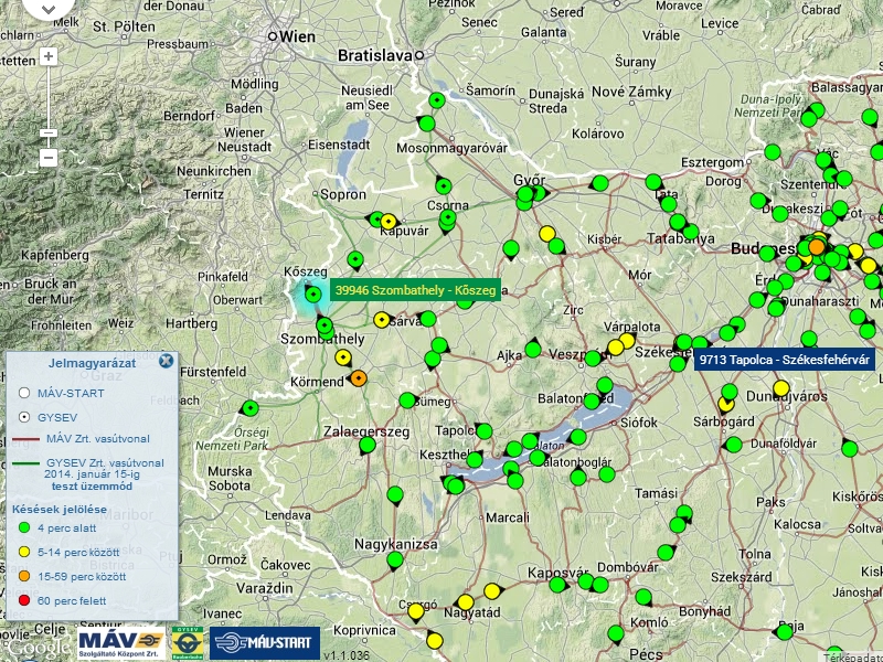 Végre egy térképen a MÁV-Start és a GYSEV vonatai<br>(képernyőkép: Vonatinfó)