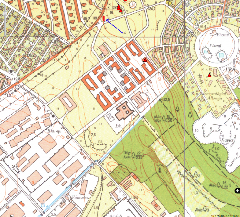 A környék egy topográfiai térképen. A nyíllal jelzett kis piros sáv jelzi a „fantomvágány” helyét