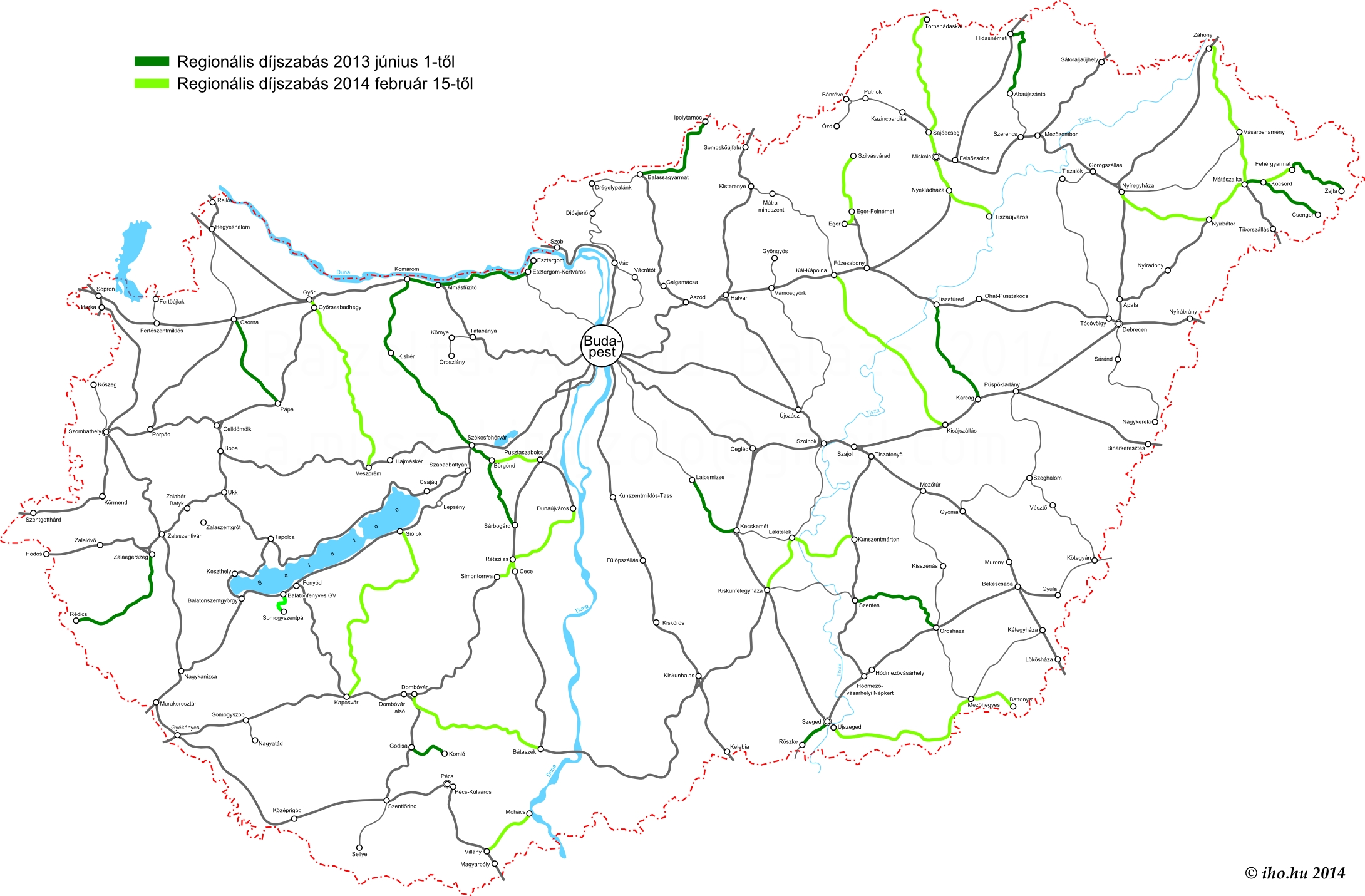 A regionális díjszabással üzemelő vonalak térképe<br>(térkép: iho)