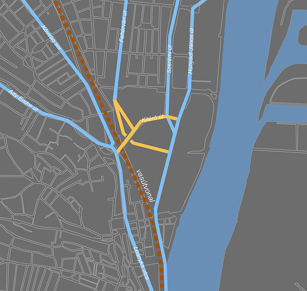 A megépült úthálózat (narancsszínnel jelölve) sematikus ábrája