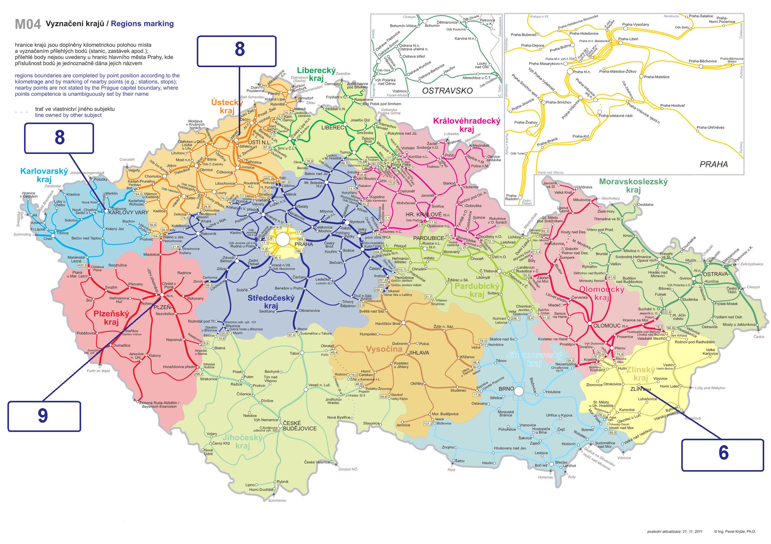 Ennyi RegioShark kerül az egyes kerületekbe<br>(A vasúti térkép forrása: ČD)