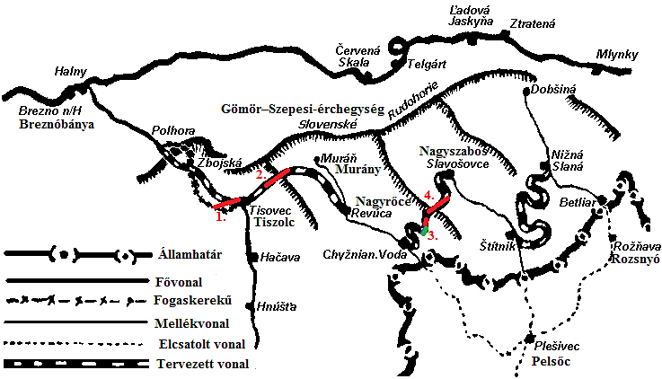 A tervezett vonalak térképe és a megmaradt műtárgyak helye<br>(forrás: http://www.vlaky.net – Eredetileg egy 1941-es szlovák újságban jelent meg a térkép. A magyar feliratokat, és a műtárgyak helyét a szerző jelölte be)
