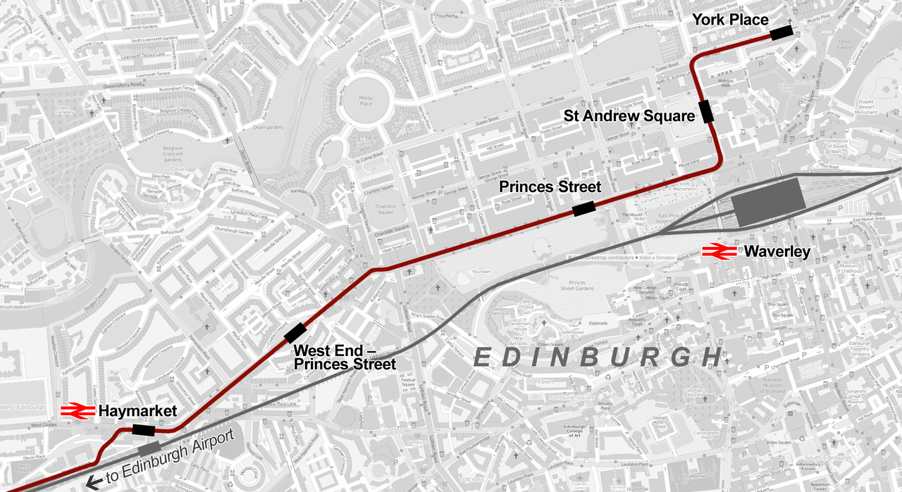 Edinburgh jelenlegi egyetlen villamosvonala<br>(forrás: wikipedia)