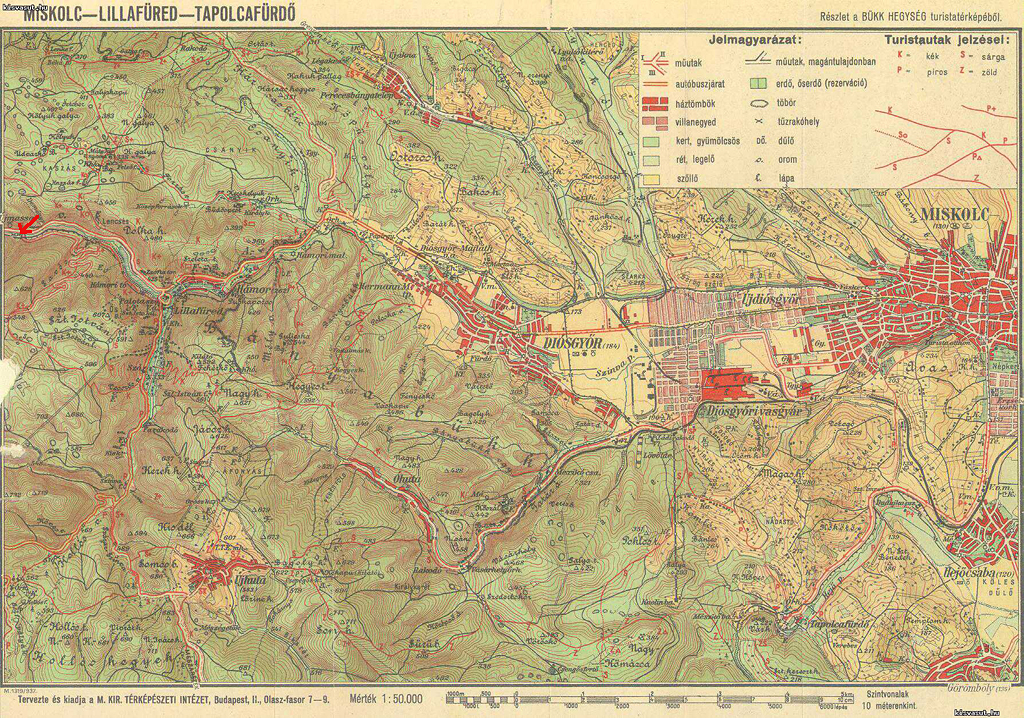 A LÁEV hálózata egy háború előtti térképen. A bal szélen a nyíl a rakodó helyét jelöli<br>A képre kattintva galéria nyílik<br>(forrás: kisvasut.hu)