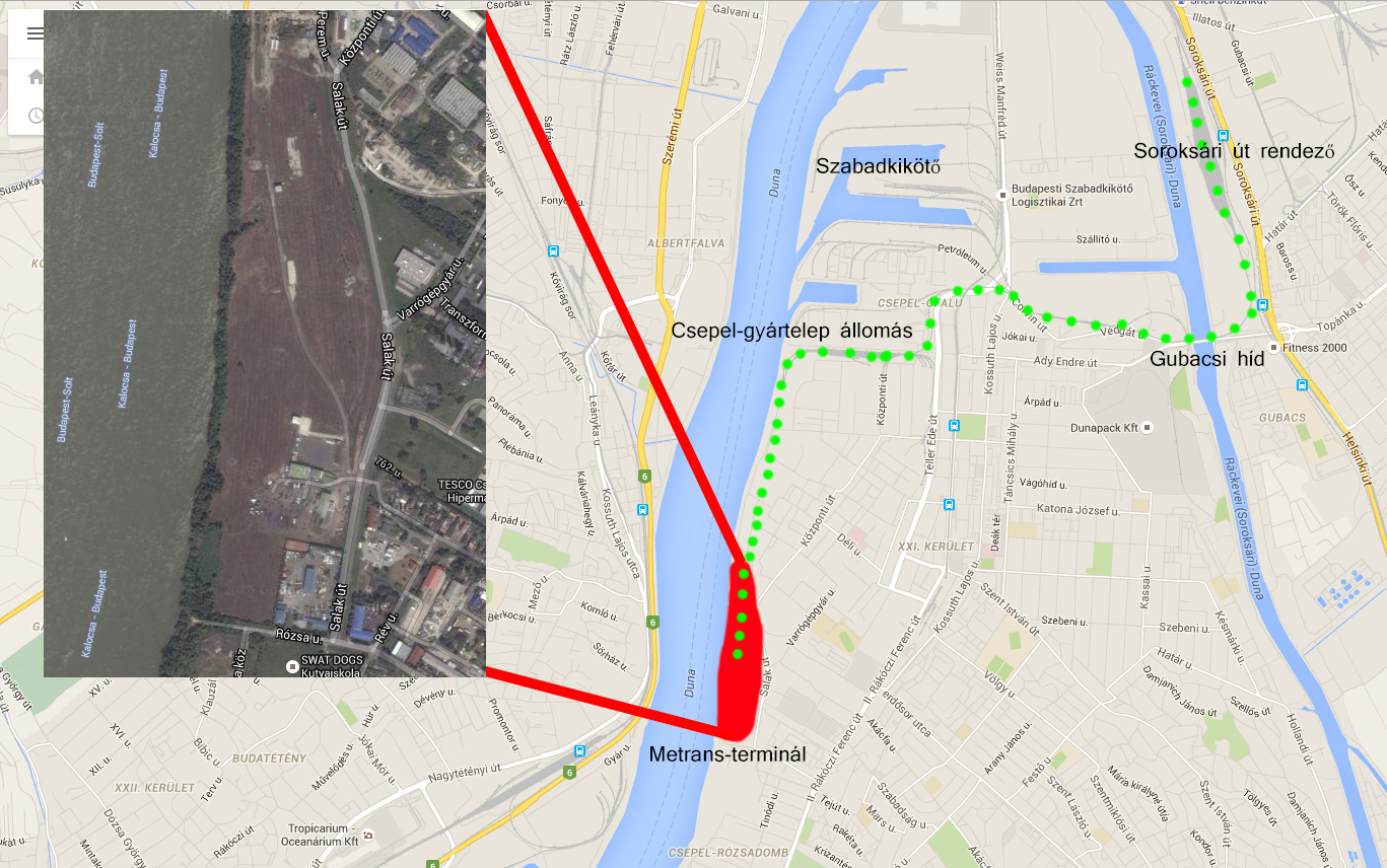 A terminál helye a Google térképén. A zöld pöttyözés a konténervonatok várható útvonala