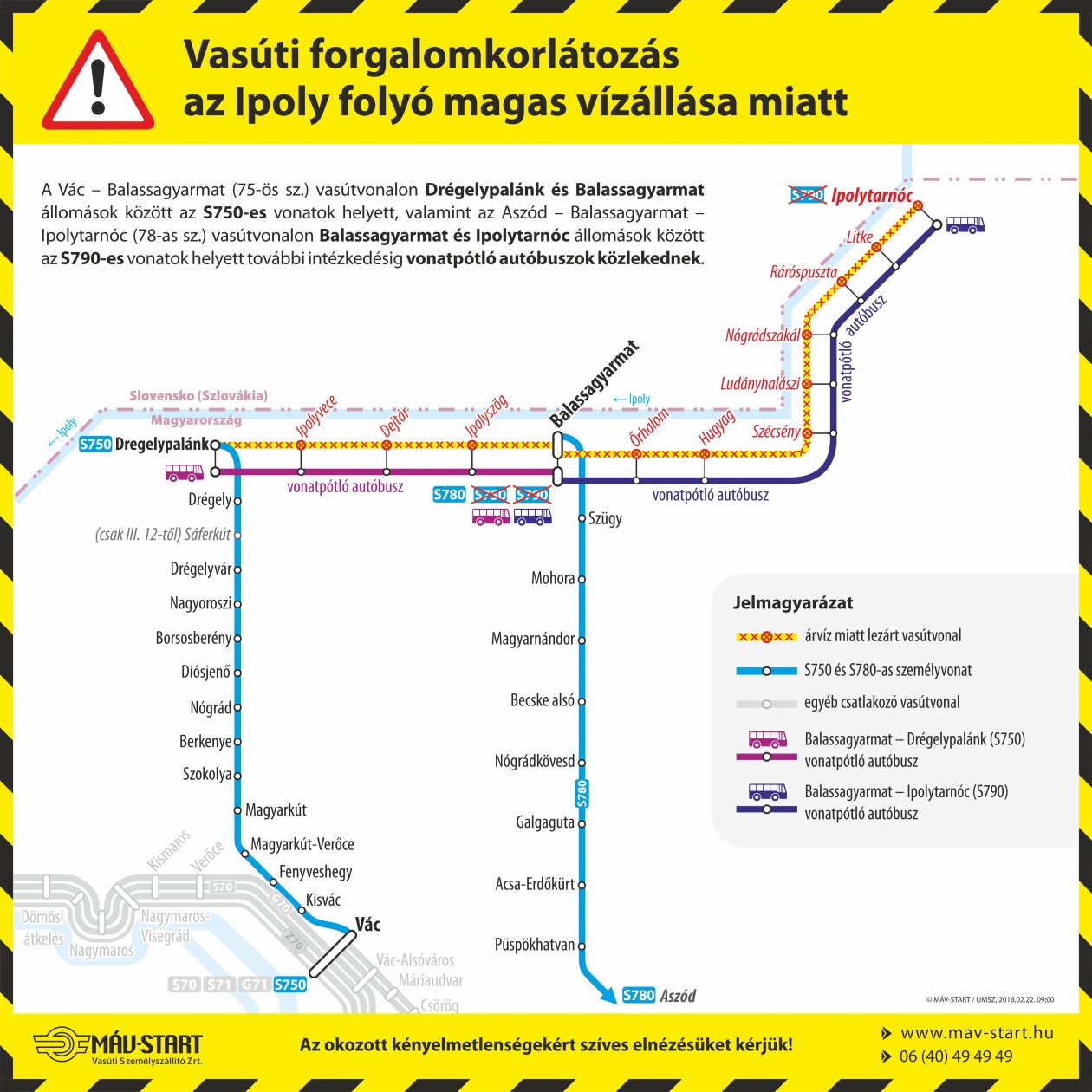 A Balassagyarmat-Ipolytarnóc szakasz után a Drégelypalánk-Balassagyarmat szakaszon is leálltak a vonatok az Ipoly magas állása miatt (grafika: MÁV-Start Zrt.)