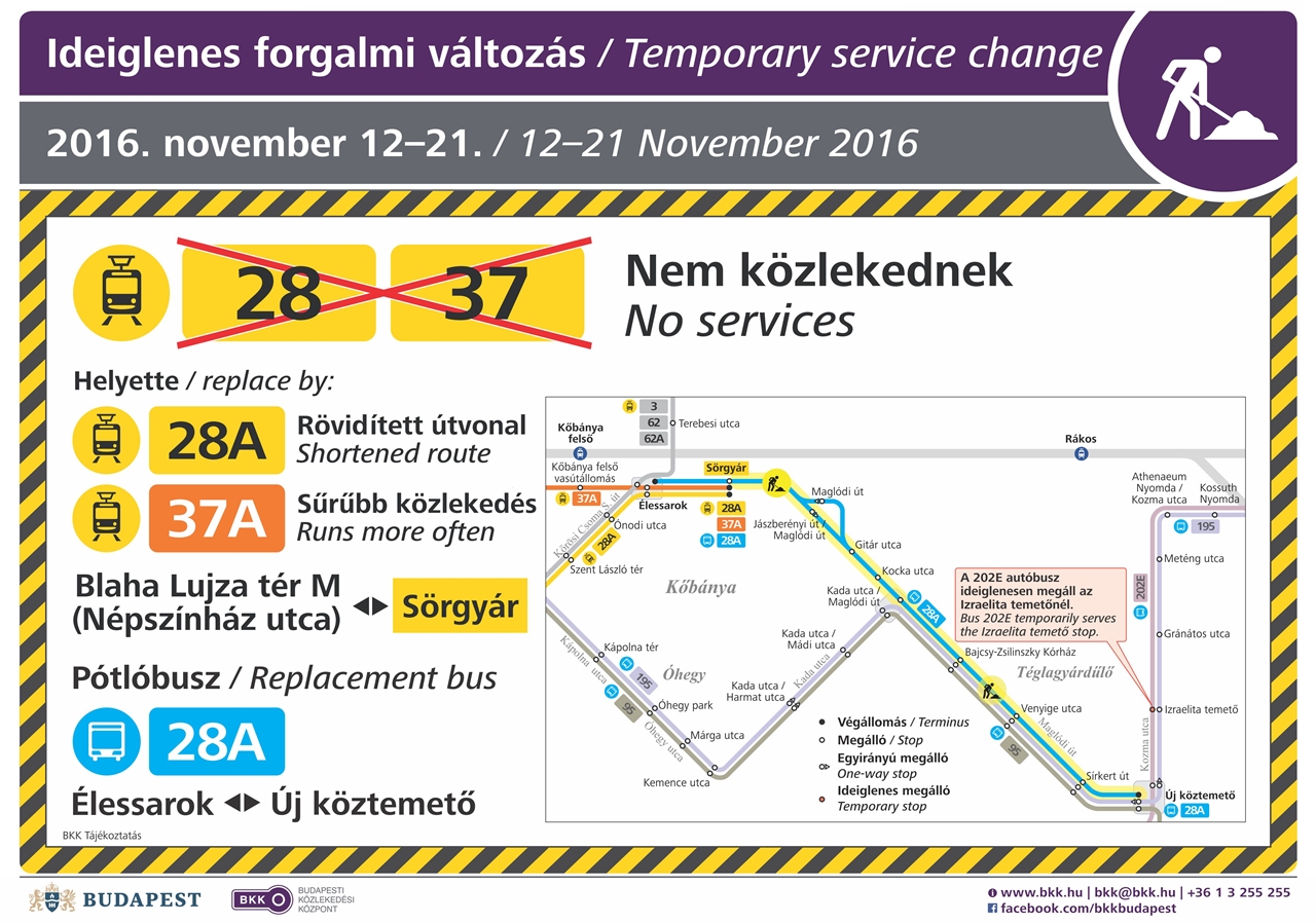 A Maglódi úton végzett munkálatok miatt megváltozik a 28-as, a 28A, a 37-es és a 37A villamosok közlekedése (forrás: BKK)