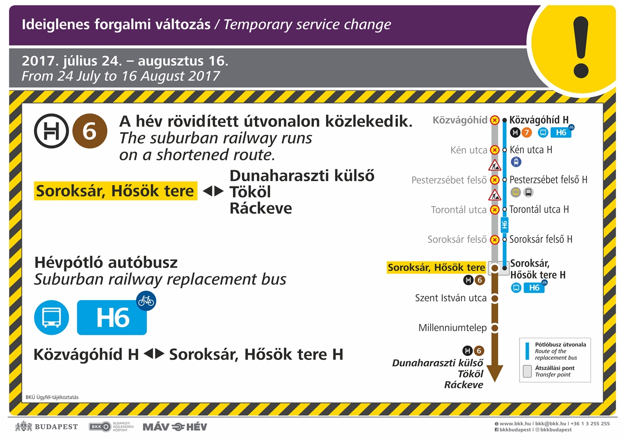 Karbantartási munkálatok miatt július 24-től augusztus 16-ig buszra kell szállni a H6-os HÉV helyett a Közvágóhíd és Soroksár, Hősök tere között (forrás: BKK)