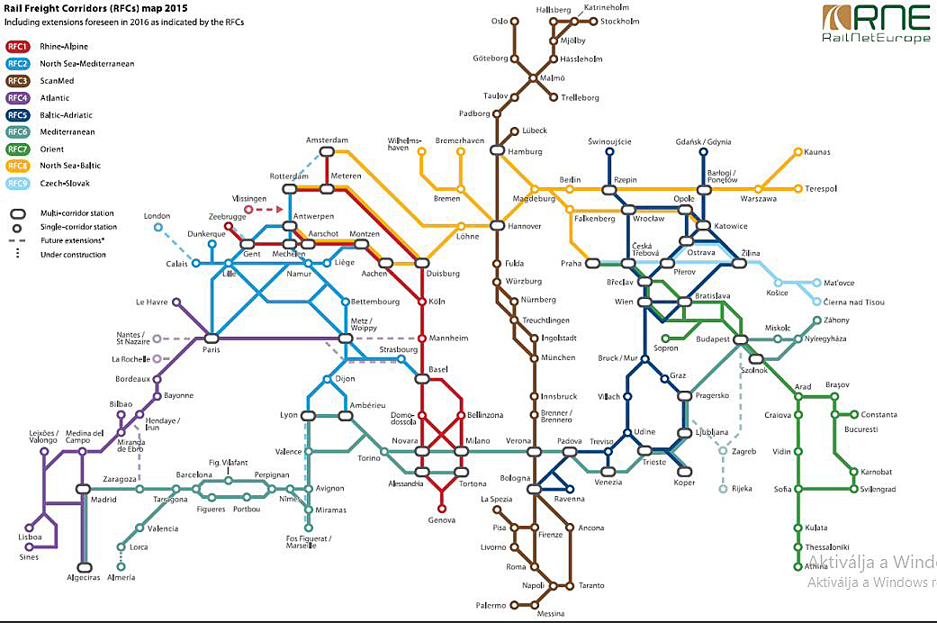 Az európai vasúti árufuvarozási folyosók térképe