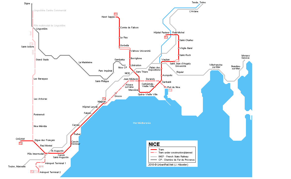 Az urbanrail.net térképe a nizzai hálózatról, a jelenleg különálló két vonalról