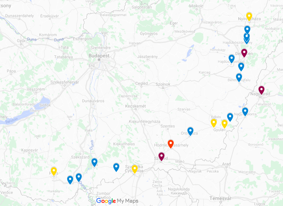 A lehetséges városi vasúti szakaszok a Pécs–Nyíregyháza vasútvillamos vonalán (alaptérkép: Google.com/Maps) 