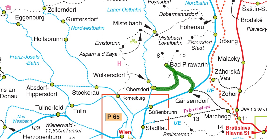 Az egykor kiterjedt Wienviertel Landesbahn vonalait is tartalmazó térképrészlet. A szaggatott fekete vonallal jelölt vonalakon már nincs közlekedés, a vékony fekete vonal csak tehervonati közlekedésre utal, a zölddel kihúzott vonalakon pedig idén decemberben szűnik meg a forgalom