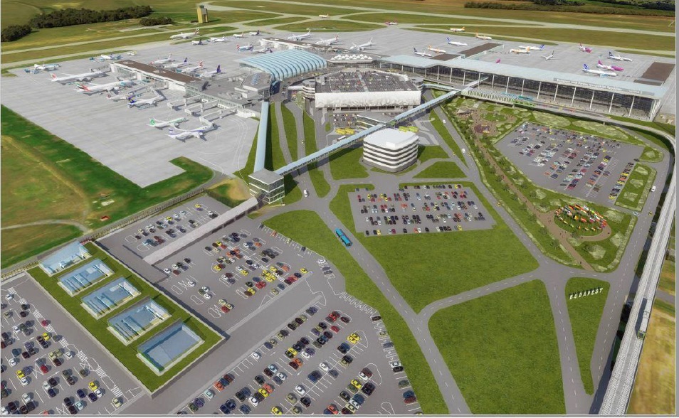 A Liszt Ferenc nemzetközi repülőtér fejlesztésének látványterve. Vajon milyen elképzelés rejlik a kép jobb szélén látható objektum mögött? 