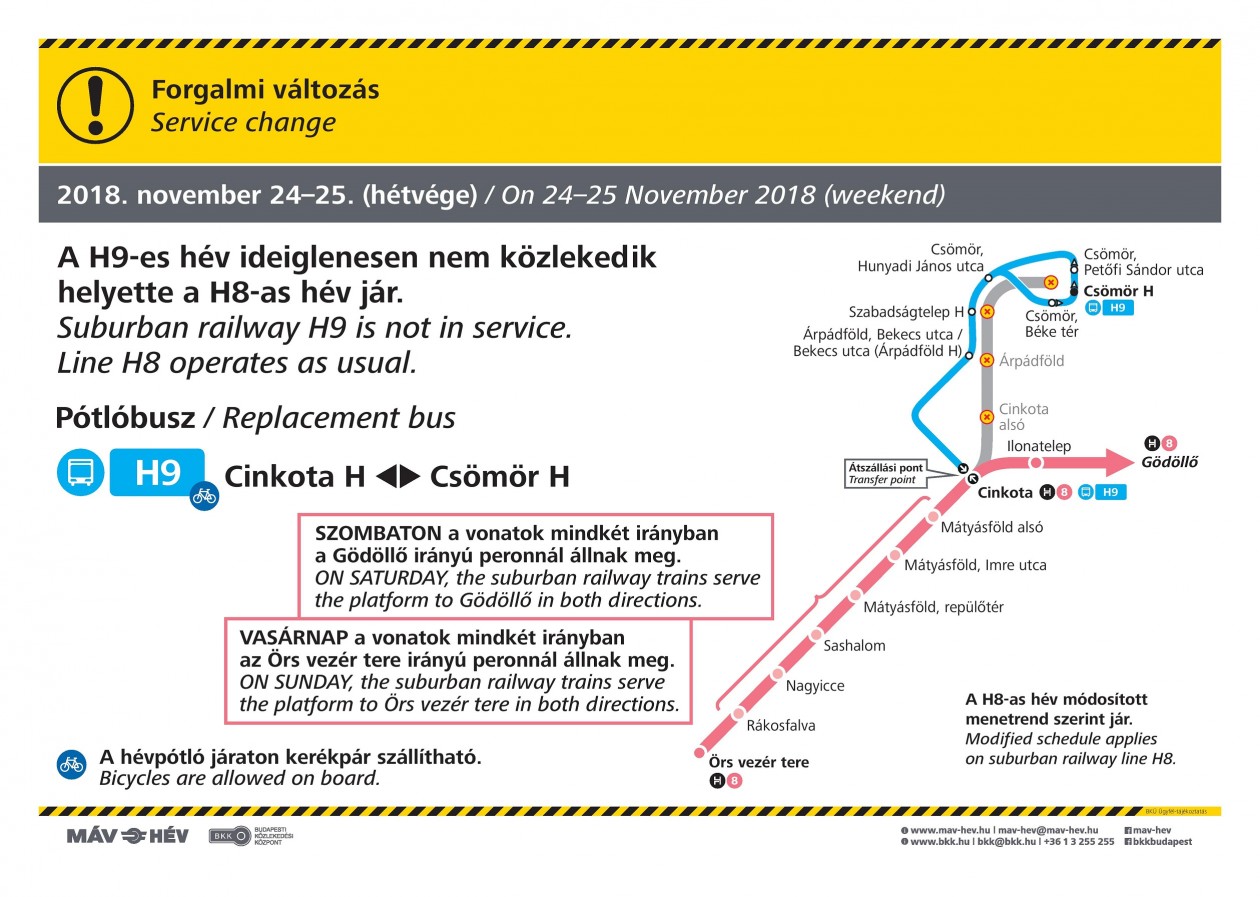 November 24-én és 25-én pótlóbusz helyettesíti a H9-es HÉV-eket Cinkota és Csömör között (forrás: MÁV-HÉV)