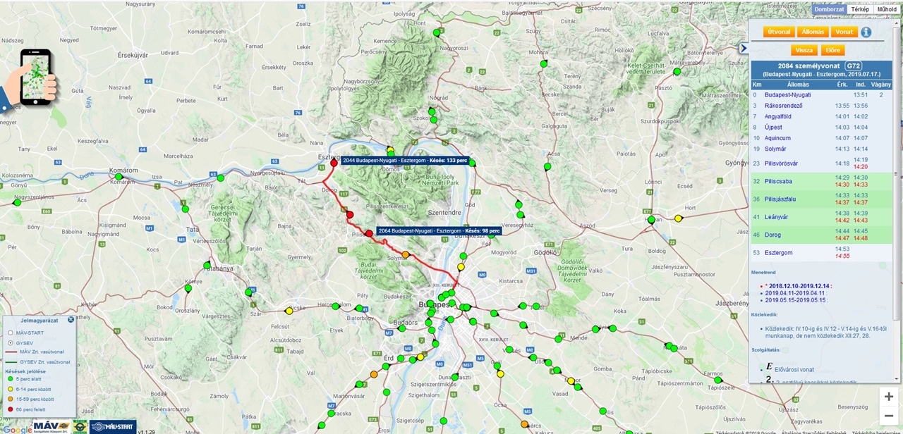 Felsővezetéki zárlat miatt jelentős, akár hatvan perc feletti késések is előfordulnak a Budapest és Esztergom közötti vonatoknál. Egyes járatok, mint például a 2084-es, csak Pilisvörösvártól jár