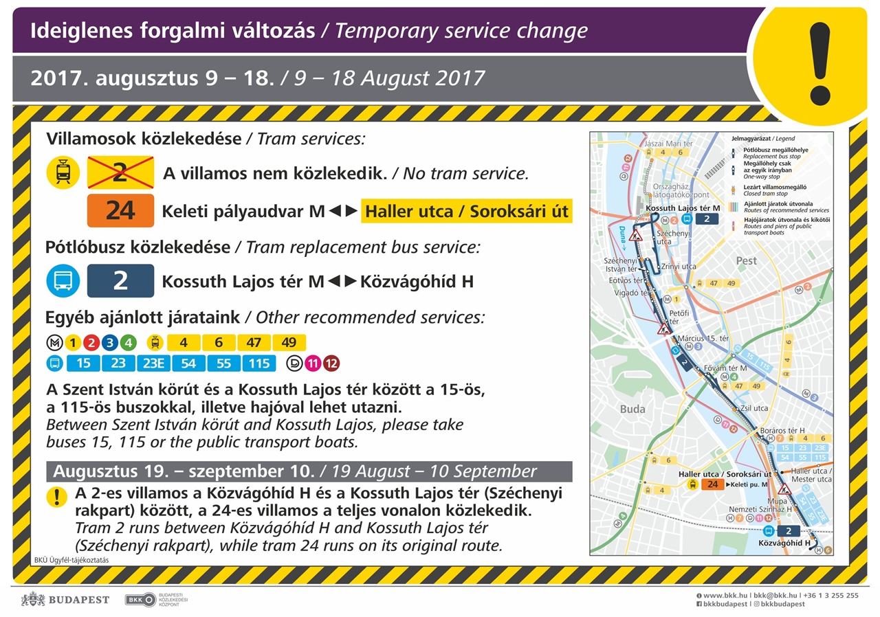 Augusztus 9-18. között a teljes vonalon buszok pótolják a 2-es villamost, valamint a 24-es villamos is csak a Keleti és a Haller utca/Soroksári út között közlekedik. A 2-es villamos ezt követően, augusztus 19-e és szeptember 12-e között pedig csak a Közvágóhíd H és a Kossuth Lajos tér (Széchenyi rakpart) között közlekedik (forrás: BKK)