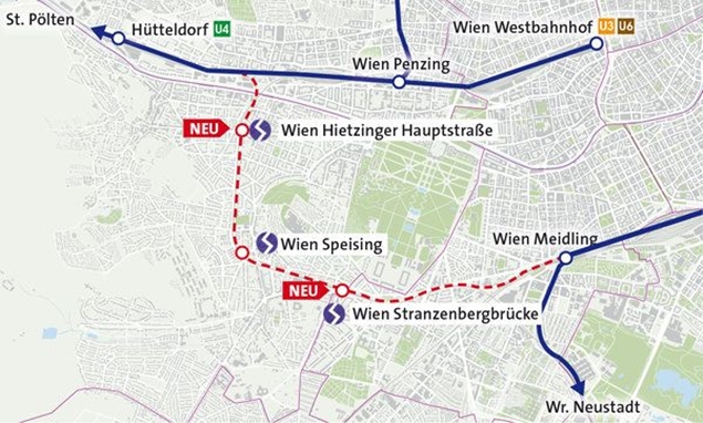 A bécsi Meidling és Hütteldorf állomásokat összekötő vonal a következő évek során várhatóan újjáépül és két új megállót is kap majd (grafika: IRJ)