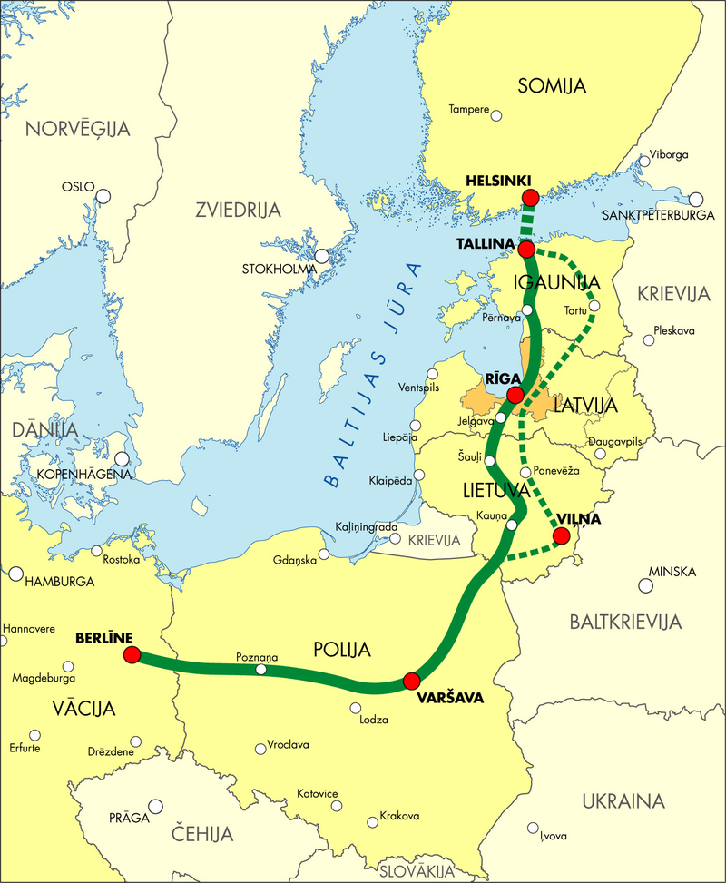A Rail Baltica a Kelet- és Nyugat-Európa, valamint a balti államok közötti vasúti kapcsolat fokozása érdekében jön létre. A Lengyelországtól az észt fővárosig, Tallinnig vezető hálózat legvégső célja a Finnországgal való közvetlen kapcsolat egy tenger alatti alagúton keresztül (forrás: Wikipedia)