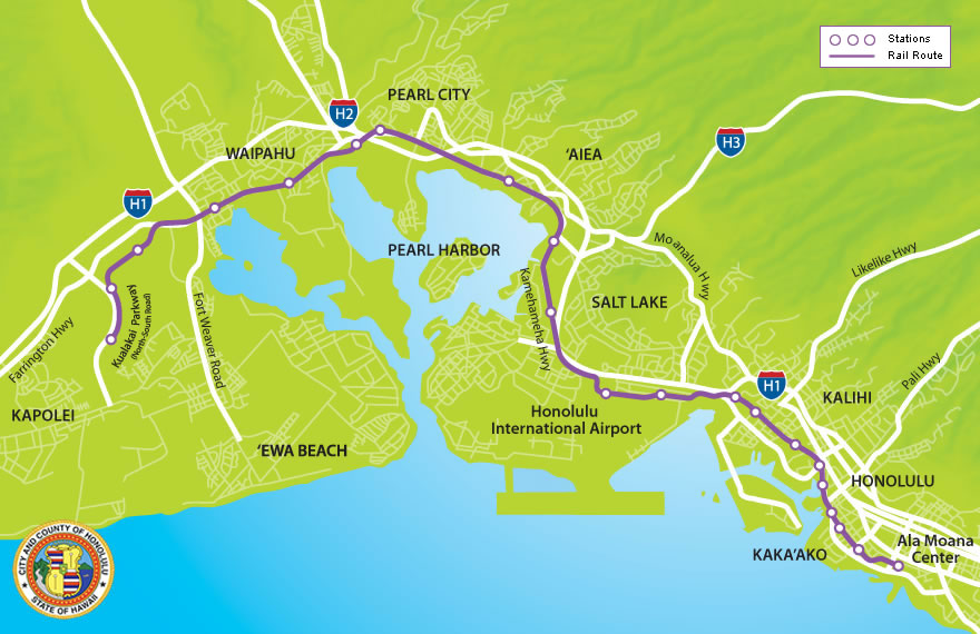 A 32 kilométer hosszú pálya két szakaszban valósul meg, az első, 2018-ban átadni tervezett fázis East Kapoleit köti össze az Aloha Stadiummal (grafika: www.honolulutransit.org)