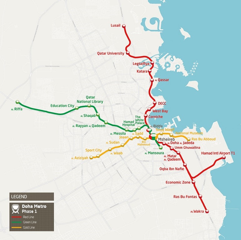 A dohai metróhálózat első fázisában három vonalat hoznak létre. A Piros vonal legnagyobb részén a napokban indulhatott meg a közlekedés (kép forrása: Mitsubishi Corp)