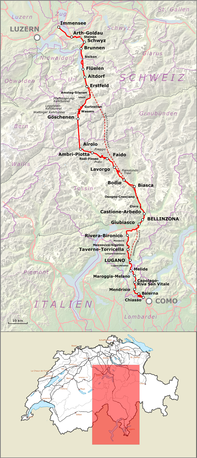 A 206 kilométer hosszú Gotthárd-vasút vágott át először a svájci Alpokon. A felső szaggatott vonal az átkelést jócskán lerövidítő és leegyszerűsítő Gotthárd-bázisalagút útvonala. A képre kattintva galéria nyílik