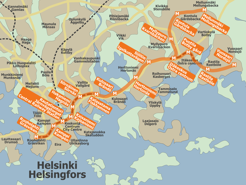 A finn főváros metróhálózata két nyugat–keleti irányú viszonylatból áll (forrás: Wikipedia)