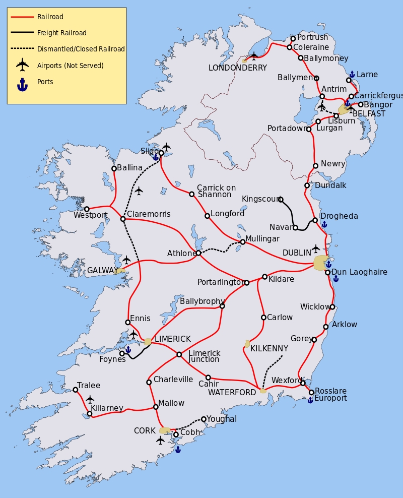 Írország nagyvasúti vasúthálózata. Ha nem oldják meg a finanszírozási problémákat, néhány éven belül csak Dublin és Cork környékén, valamint egyes intercity-útvonalakon maradhat forgalom (forrás: Wikipedia)