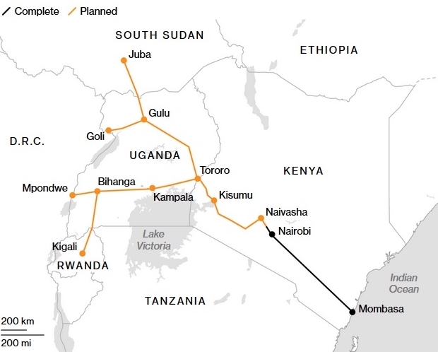 A normál nyomtávú vasúthálózat célja összekötni az Indiai-óceánnál található Mombasa kikötőjét a belső-afrikai területekkel. Az építkezés azonban a kínai hitel megvonása miatt leállt. A feketével jelölt szakasz elkészült, a többi megépítése egyelőre kérdéses (kép forrása: Bloomberg)