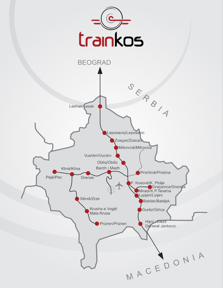 A koszovói vasút Trainkos rövid hálózatának térképe (forrás: Wikipedia)