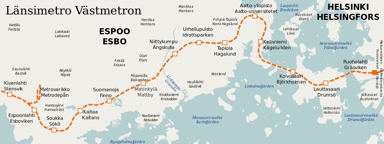 Helsinki metróhálózatának nyugati vonala, a Länsimetro által a szomszédos Espoo városa gyors fővárosi eléréshez jutott (forrás: Wikipedia)