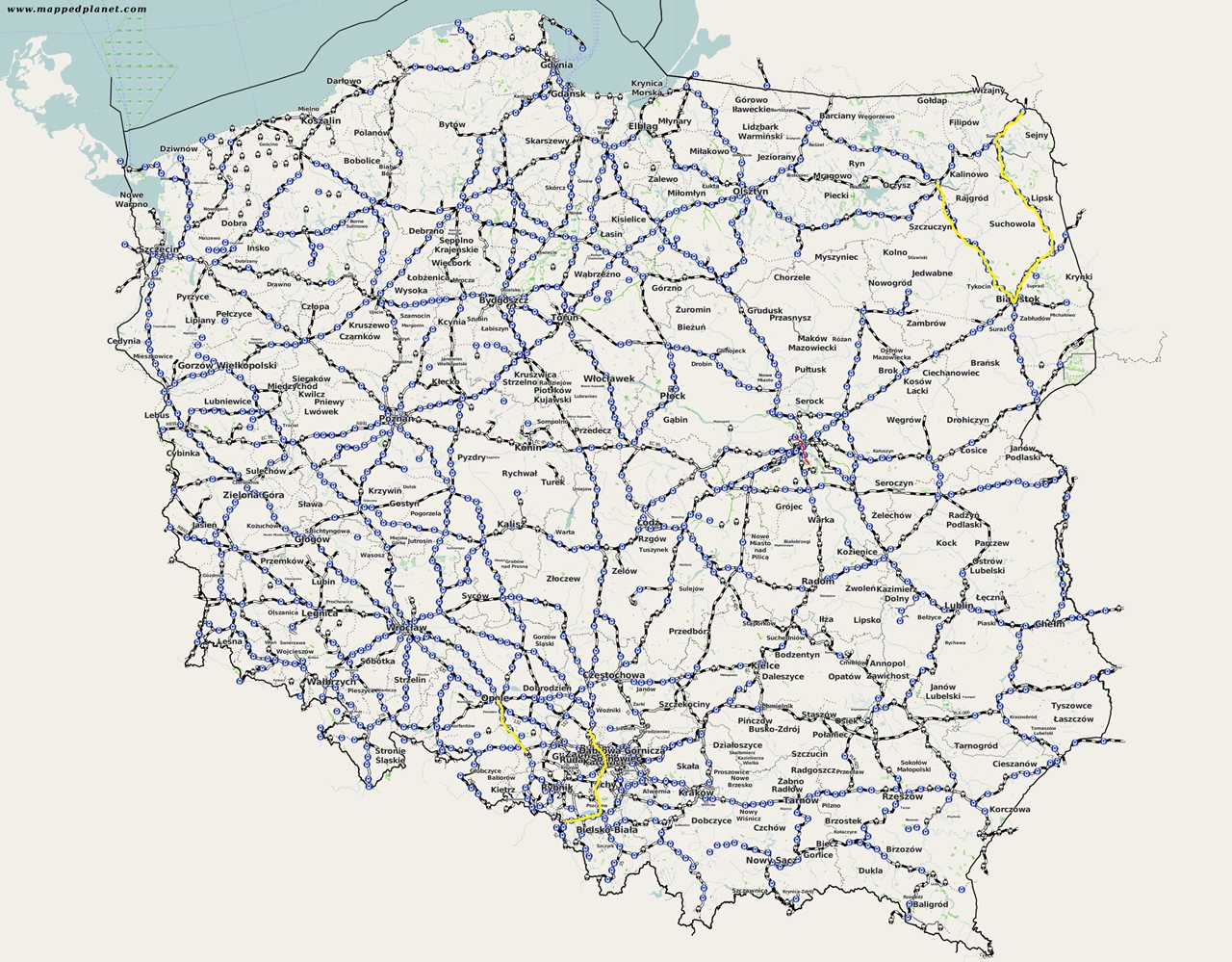 A sárgával jelölt pályaszakaszok újulhatnak meg Lengyelországban az újabb CEF-pénzeknek köszönhetően (forrás: mappedplanet.com/iho.hu)