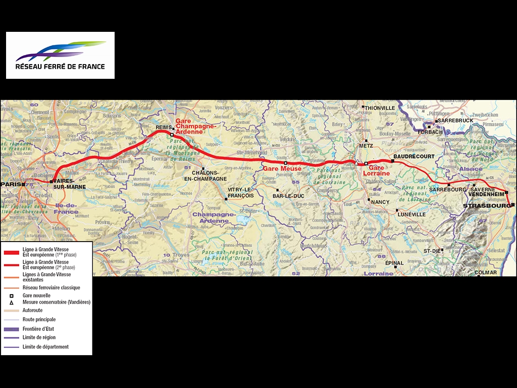 Július elején adták át az LGV Est-Européenne nagysebességű vonalat Franciaországban. A vastaggal jelölt, 300 kilométeres első szakasz már kilenc éve használható, a Baudrecourt és Strasbourg közötti 106 kilométer készült el idén (forrás: Railway Gazette)