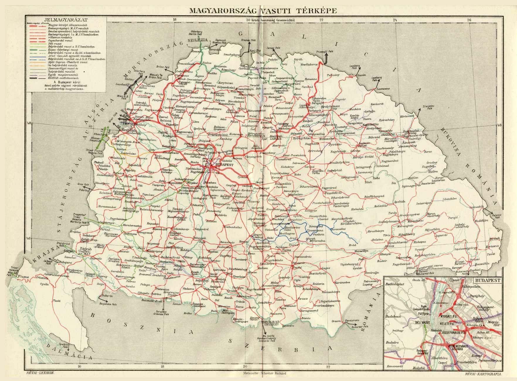 A történelmi Magyarország vasúthálózata 1918-ban, két évvel a trianoni döntés előtt (kép forrása: Revai Kartographia/Wikipedia)