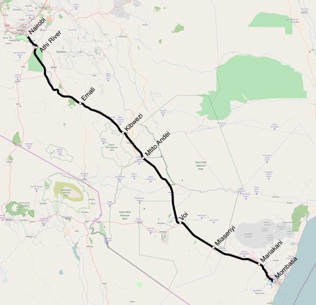 A kínai hitelből épülő Mombasa-Kampala vasútvonal Nairobi és Mombasa közötti szakaszát 2016 decemberében adták át (képek forrása: Wikipedia)