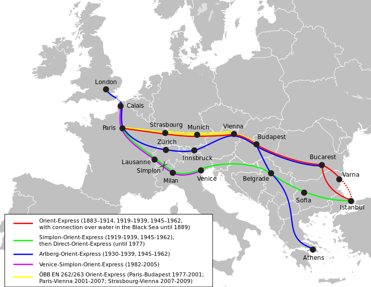 Az Orient-expresszek útvonalai a történelem során (forrás: Wikipedia)