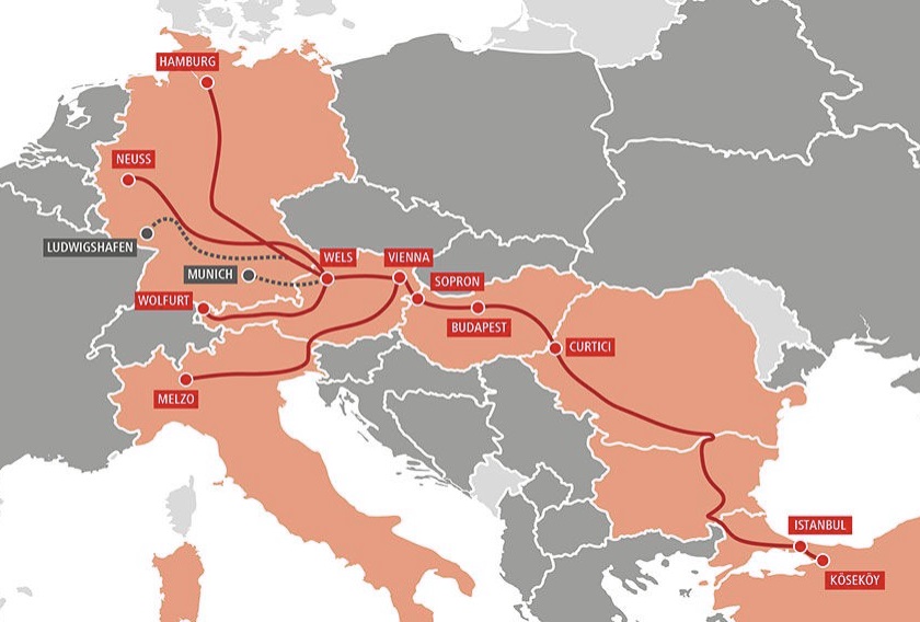 A két új TransFER-útvonalnak köszönhetően újabb összeköttetések jöttek létre az RCG-hálózatában Ázsia, Törökország és Nyugat-Európa között (kép forrása: Rail Freight)