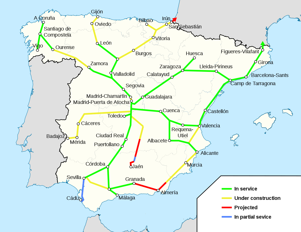 Európában már jelenleg is a spanyol nagysebességű vasúthálózat a leghosszabb az adott országon belül, és tovább bővül. Zölddel a már üzemelő, sárgával az építés alatt álló, pirossal a tervezett, kékkel pedig a részleges szolgáltatást nyújtó vonalszakaszok láthatók