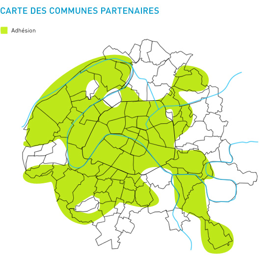 Az Autolib' hálózat lefedettsége sajnos hiányos: egyes külvárosi kerületek nem vállalták a csatlakozás költségeit (grafika: Autolib')