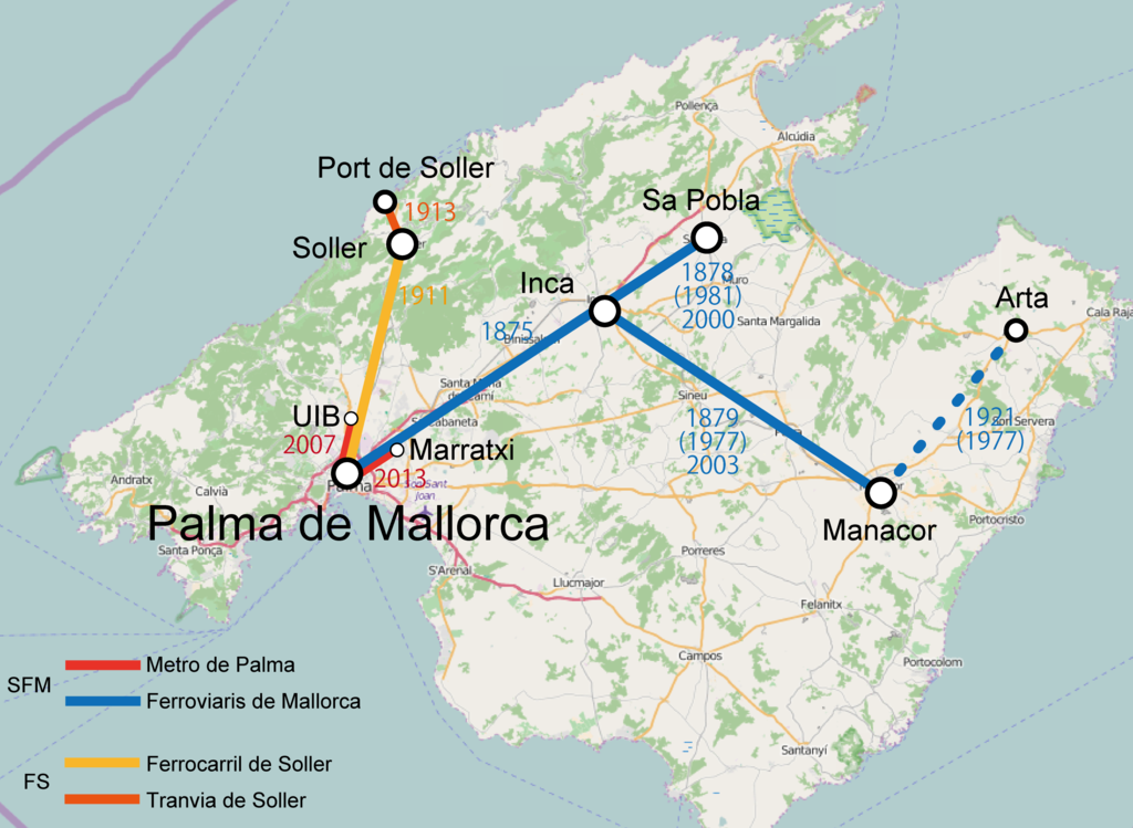 Mallorca szigetének vasúthálózata (kép forrása: Wikipedia)