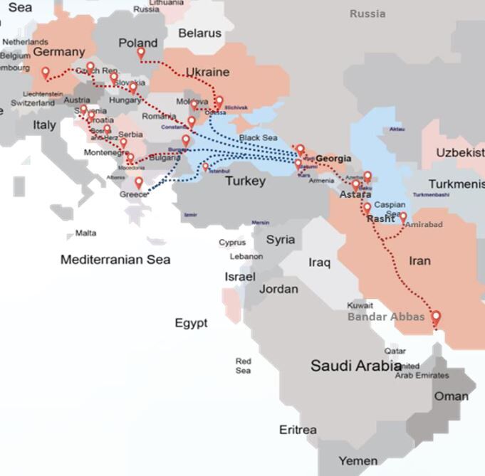 A Perzsa-öböltől a Kaukázuson és a Fekete-tengeren án Európába vezető szállítási útvonalak