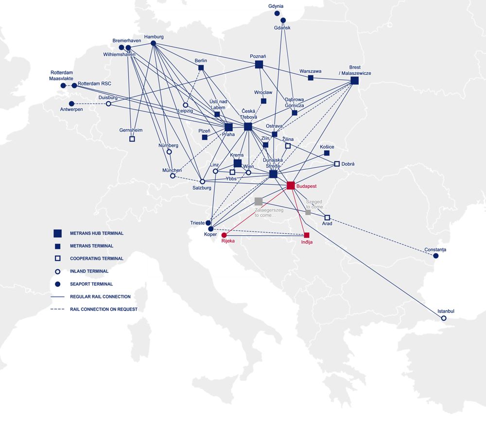 A Metrans európai vasúti fuvarozási hálózata (kép forrása: Metrans)