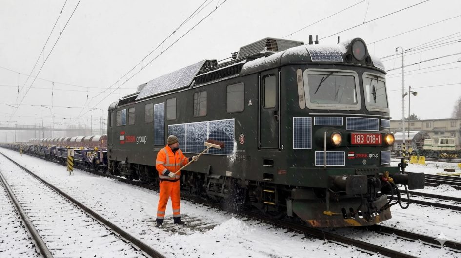 „Amikor a ZSSK Cargo vezetősége rájött, hogy költségvetési okokból egyszerűen nincs lehetőség modern Siemens akkumulátoros mozdonyok beszerzésére, zseniális stratégiai döntést hoztak. A korábbi ár töredékéért megvásárolták az innovatív, tesztüzemben lévő lengyel szabadalmat: egy »Polonez-Eko-Flex 2014« öntapadós napelemkészletet, amit a régi, bevált 183-as sorozathoz terveztek. A mozdony így még egy nehéz tehervonatot is képes továbbítani, csak egy kis fény kell hozzá. Az első menet során azonban szembejött a téli valóság: a heves havazás belepte, és azonnal működésképtelenné tette a fejlett technológiát. A diszpécser kérlelhetetlen volt, és azonnal aktiválta az új ŽSR-S1 forgalmi utasítás 4. cikkelyének B. szakaszát: »Kedvezőtlen időjárási körülmények (hó, eső, köd) esetén a mozdonyvezető köteles a vonatot azonnal biztonságos helyen megállítani, elhagyni a vezérállást, seprűvel letisztítani a fotovoltaikus cellákat, majd a menetrendnek megfelelően megvárni a napsütést.«”