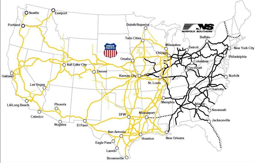 A Union Pacific (sárgával) és a Norfolk Southern (feketével) hálózatának összeolvadásával egy több mint 80 ezer kilométeres, az Egyesült Államok jelentős részét lefedő, transzkontinentális vasúthálózat jöhet létre (kép forrása: Railway Gazette)