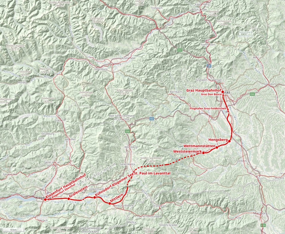 A Koralmbahn útvonala a 33 kilométeres Koralm-alagúttal (kép forrása: Wikipedia)