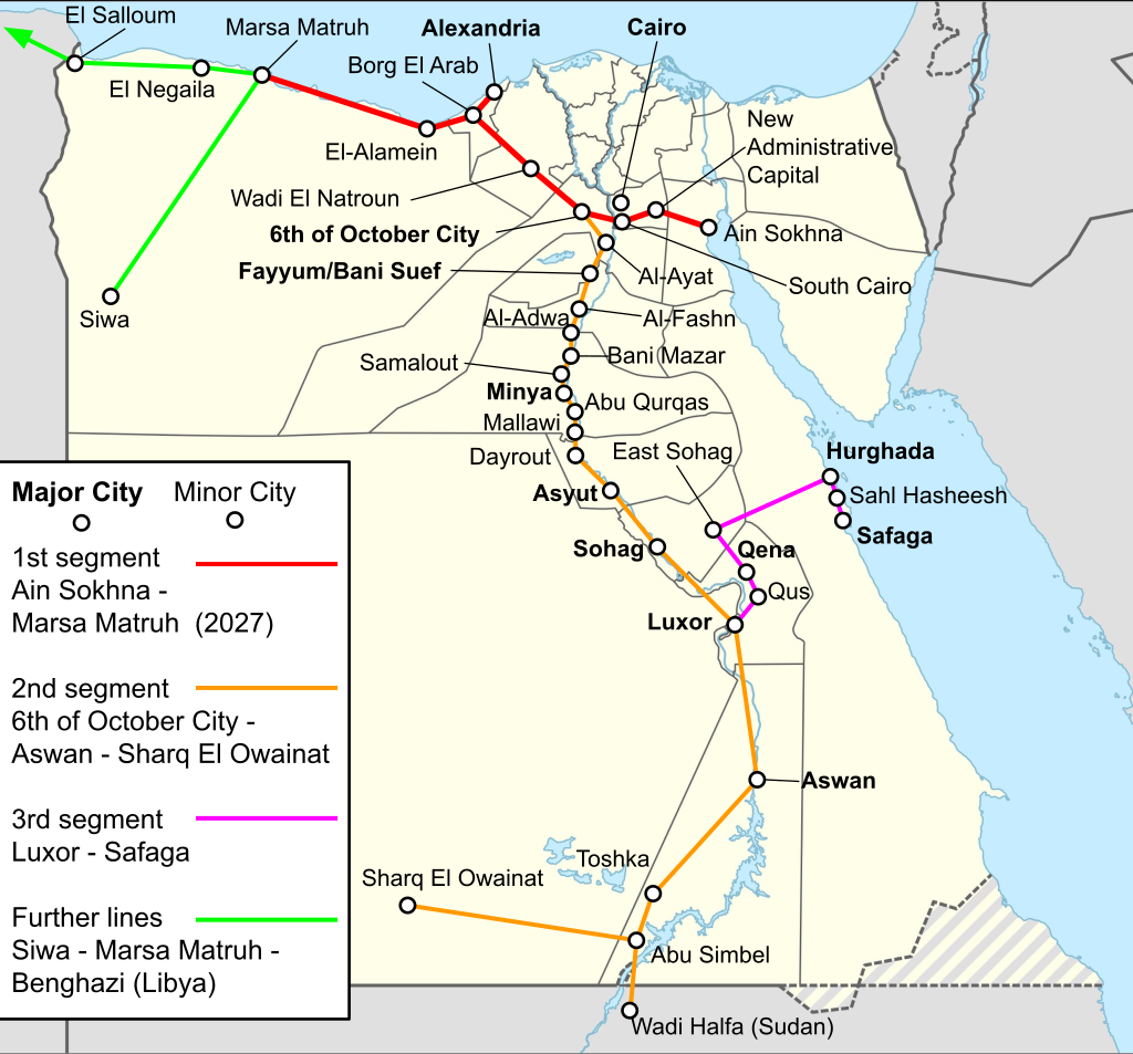 Egyiptom három vonalból álló, tervezett nagysebességű vasúthálózatának térképe (kép forrása: Wikipedia)