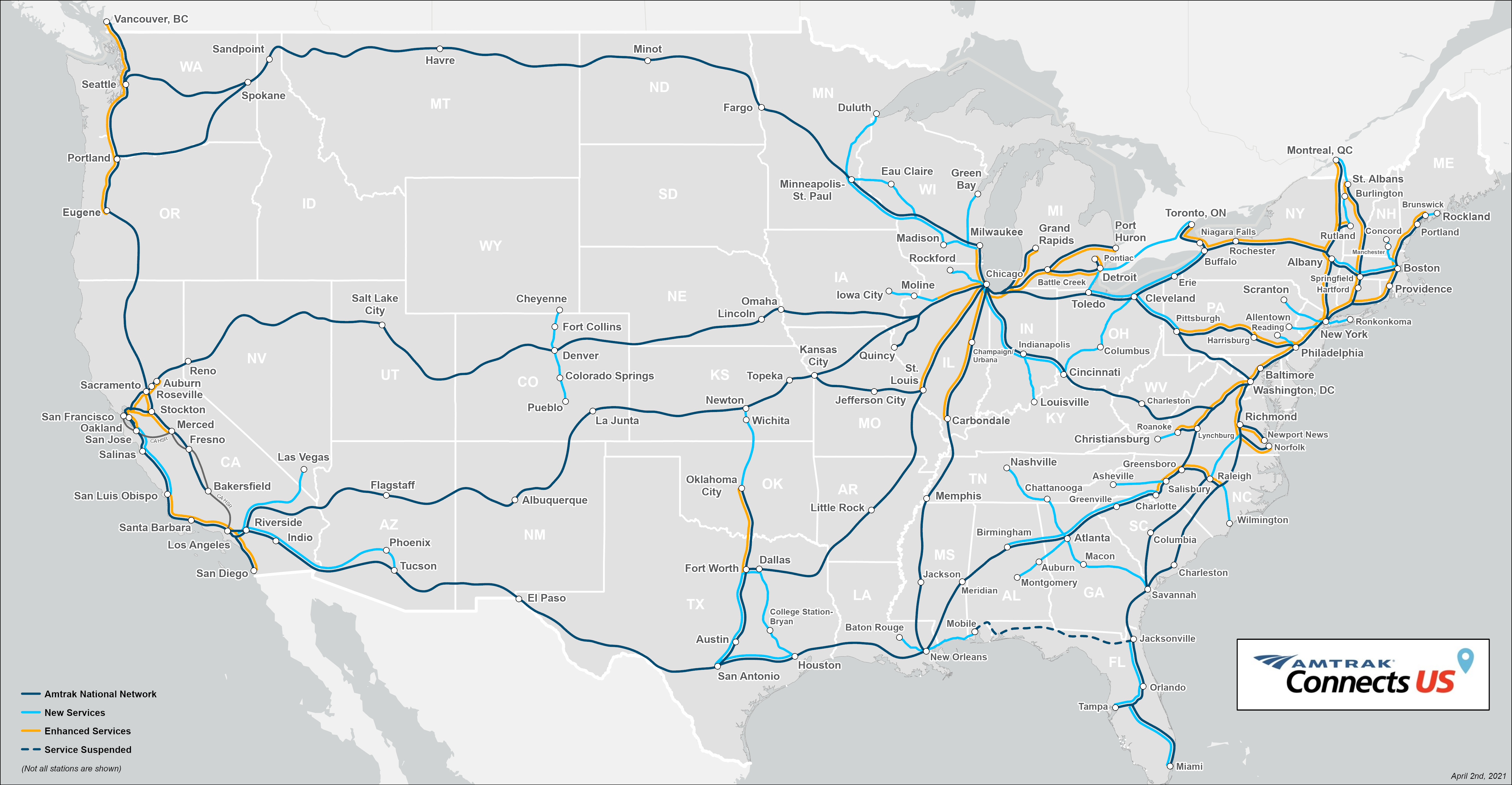 Az Amktrak komoly hálózatbővítést tervez 2035-ig, melyhez nagy segítséget ad a most megszavazott, jelentős állami támogatás (kép forrása: Amtrak)