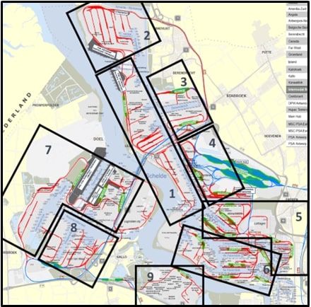 Az antwerpeni kikötőrész üzemelési felosztása 2024. január 1-jétől (kép forrása: railfreight.com)
